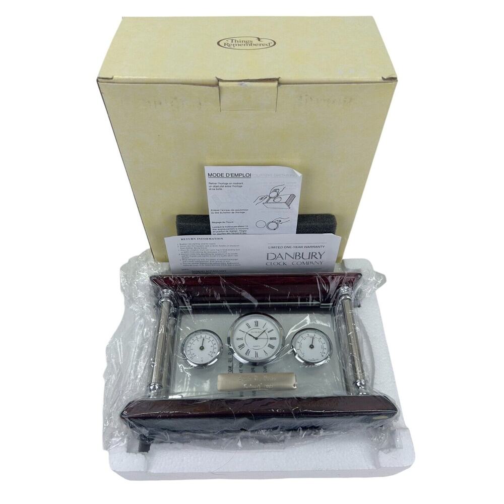 Vintage Danbury Quartz Mahogany Desk Mantle Clock Time Temperature Silver Color